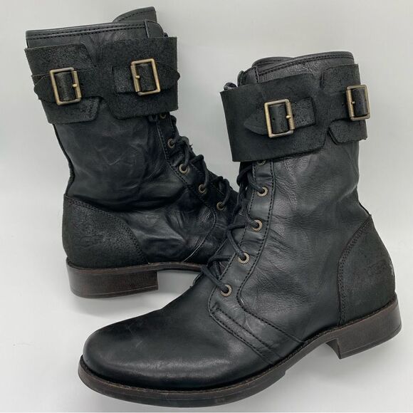 UGG Maaverick Lodge Women’s Black Lace Up w/ Buckles Combat Boots Size 9.5 - Picture 1 of 15